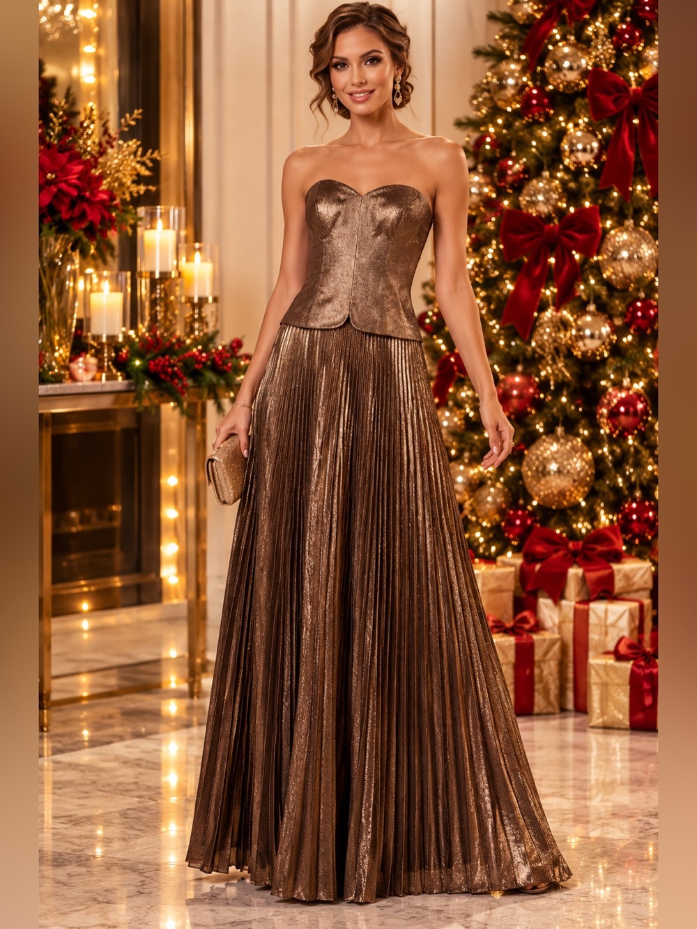 Antonio Melani “ DRS Billie” Strapless Metallic Bronze Pleated Evening